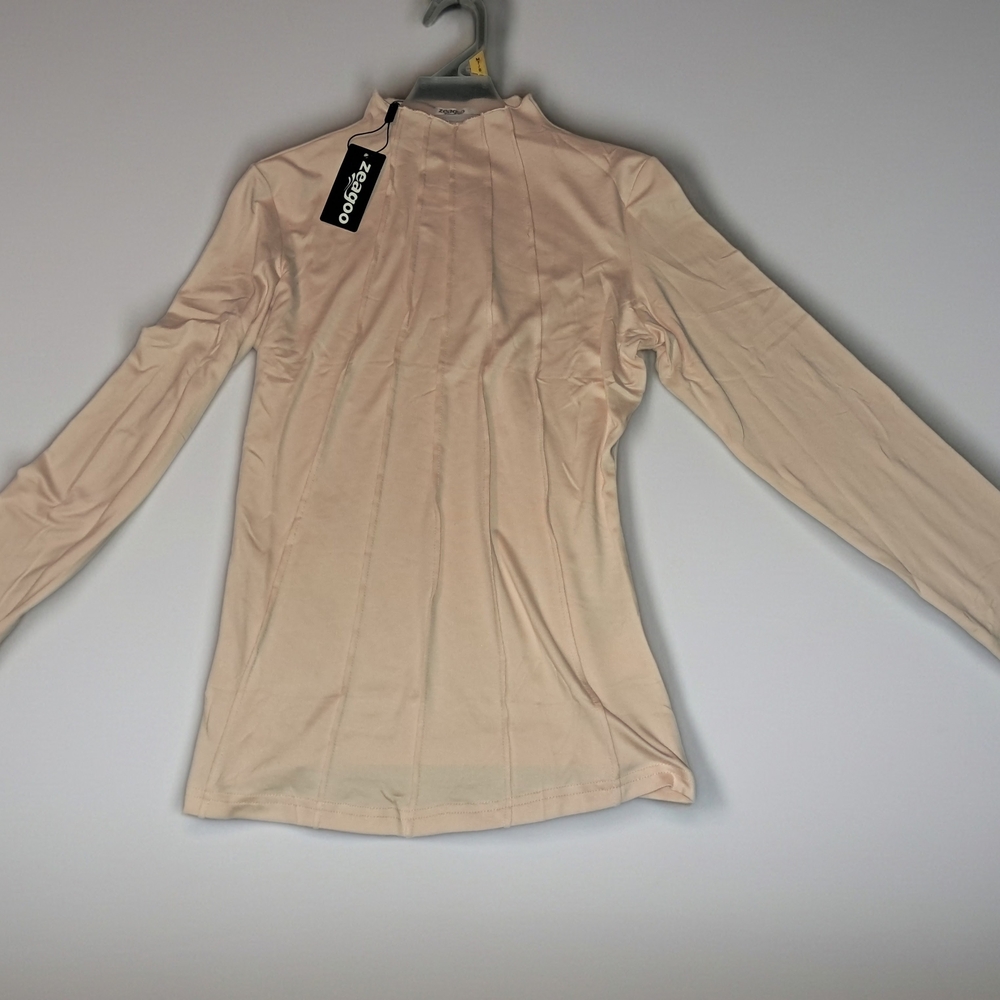 Zeagoo WOMENS Beige Long Sleeve MOCK NECK basic Slim Fitted Tops.